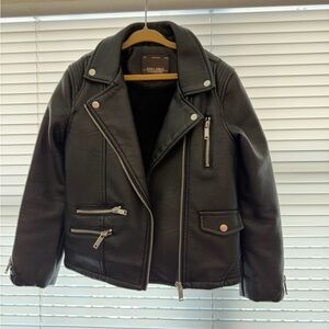 Zara Girls Black Oversized Faux Leather Jacket with Fur- Size 7
